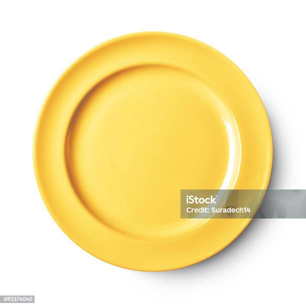 Simple White Circular Plate Stock Photo - Download Image Now - Plate, Cut Out, Yellow