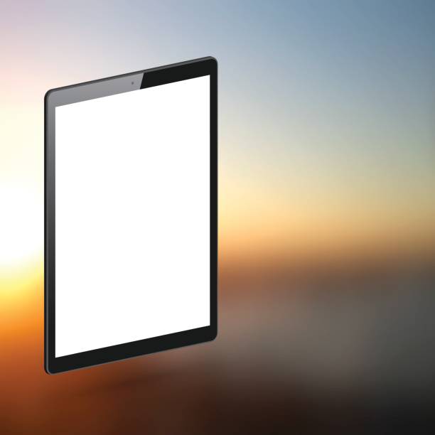 tablet pc izolowany na abstrakcyjnym tle, rozmyty zachód słońca - izometryczny szablon komputera typu tablet - single object backgrounds white background side view stock illustrations
