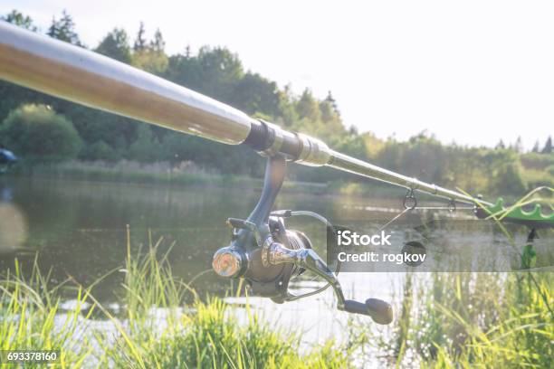 The Fishingrod Standing On A Support Thrown In Water For Fishing Stock Photo - Download Image Now