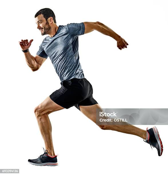 Man Runner Jogger Running Jogging Isolated Shadows Stock Photo - Download Image Now - Jogging, Adult, Adults Only