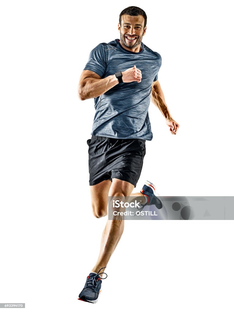 man runner jogger running jogging isolated shadows one caucasian man runner jogger running jogging isolated on white background with shadows Adult Stock Photo