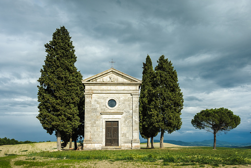 In the UNESCO World Heritage Site of val d’orcio, Tuscany. Near Pienza. Chapel of Our Lady of Vitaleta. on the hiking trail.
