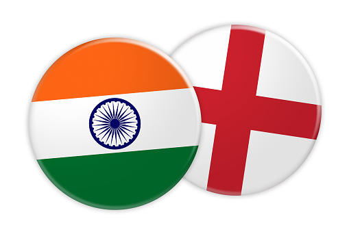 News Concept: India Flag Button On England Flag Button, 3d illustration on white background