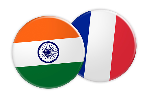 News Concept: India Flag Button On France Flag Button, 3d illustration on white background