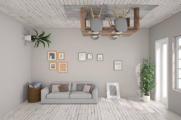 istock Living room interior mess with upside down perspective 693403934