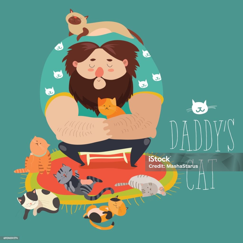 Big man wih cute cats Big man wih cute cats. Daddy s cat. Vector illustration Adult stock vector