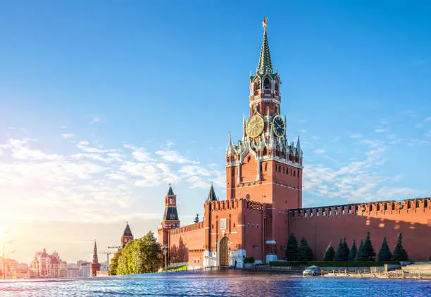 Spasskaya tower of the Kremlin in the early autumn morning on the Red Square in Moscow