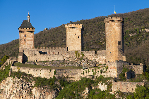 Bellinzona, Switzerland - April 22, 2021: Bellinzona is a municipality, historic Swiss town. It's the capital of the canton of Ticino in Switzerland. The town is famous for its three castles (Castelgrande on the picture, Montebello, Sasso Corbaro) that have been UNESCO World Heritage Sites since 2000.