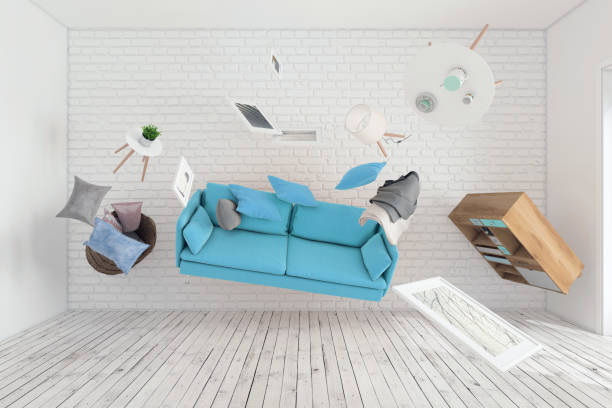 Living room interior furniture flying around Concept interior render showing upside down interior with furniture flying around. Gravity is under question. levitating interior. daylight scene upside down stock pictures, royalty-free photos & images