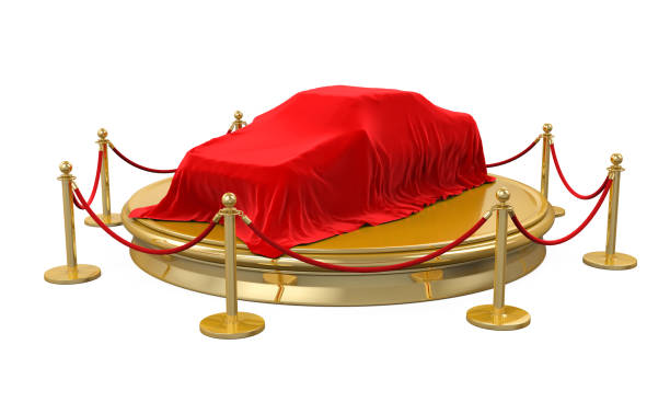 istock Presentation of the New Car on Stage with Barrier Rope 693406832