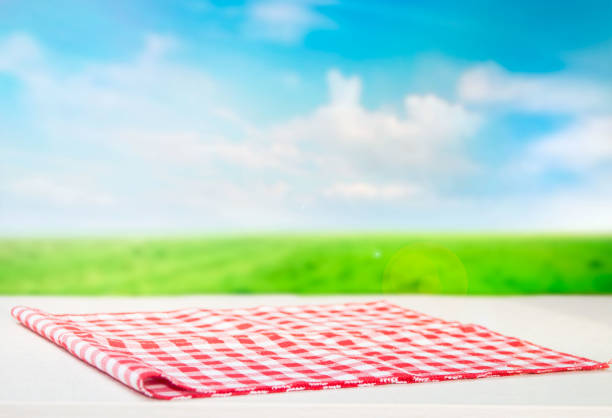 istock The checkered tablecloth on wooden table. 693413096