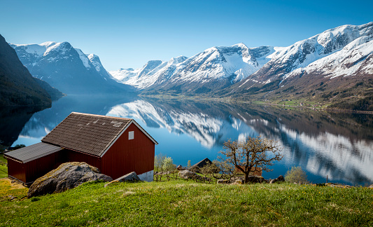 Norwegian fjord landscape in springtime