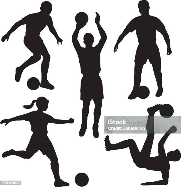 Soccer Player Silhouettes Stock Illustration - Download Image Now - Adult, Bicycle Kick, Black And White