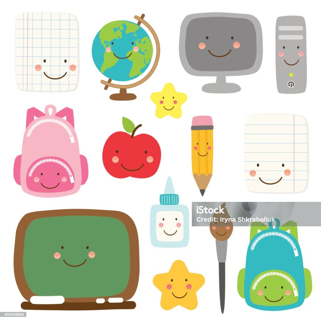 Cute Childish Back To School Supplies As Smiling Cartoon Characters Stock  Illustration - Download Image Now - iStock