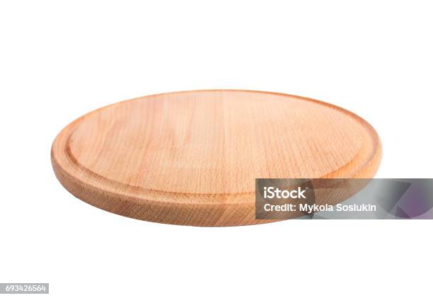 Round Wooden Cutting Board Isolate Stock Photo - Download Image Now - Wood - Material, Plate, Pizza