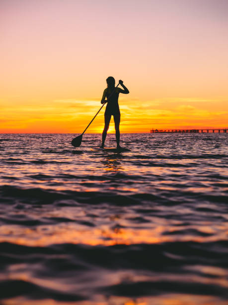 Woman stand up paddle boarding at dusk on a flat warm quiet sea with beautiful sunset colors Woman stand up paddle boarding at dusk on a flat warm quiet sea with beautiful sunset colors paddleboard photos stock pictures, royalty-free photos & images