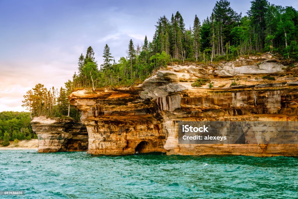 Battleship Rocks Battleship Rocks formations at Pictured Rocks National Lakeshore on Upper Peninsula, Michigan Michigan Stock Photo