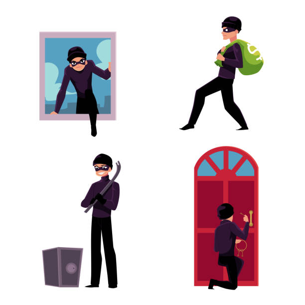 Thief, burglar trying to steal money, break in, open safe Set of thief, robber, burglar trying to steal money, break in the house, open safe, run away, cartoon vector illustration isolated on white background. Burglar, thief, robber in mask and black suit cartoon burglar stock illustrations