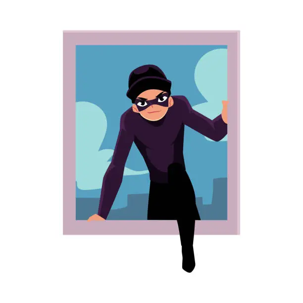 Vector illustration of Thief, burglar in black disguise breaking into house through window