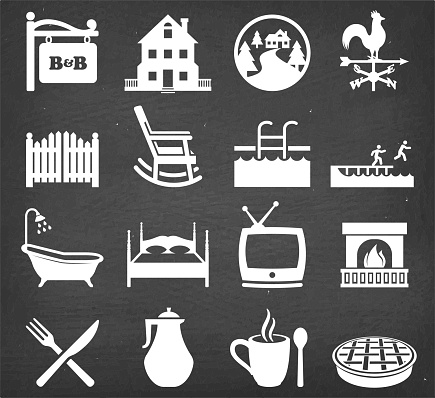 Bed and Breakfast Summer Vacation Icon Set on Black Chalkboard. This royalty fre vector illustration features Bed and Breakfast Summer Vacation Icon Set on Black Chalkboard. Each 100% vector design element can be used independently or as part of this royalty free graphic set. The blackboard has a slight texture.