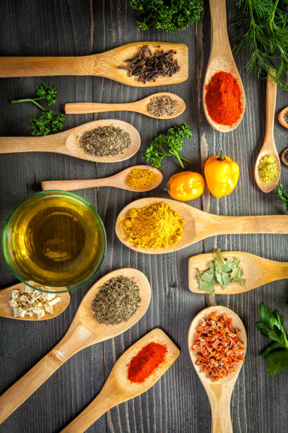 istock Various spice on wooden spoons with herbs 693445736
