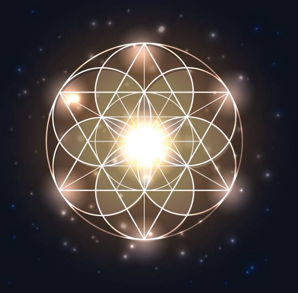 istock Sacred Geometry. Abstract geometric shapes on a dark blue glowing background 693455294