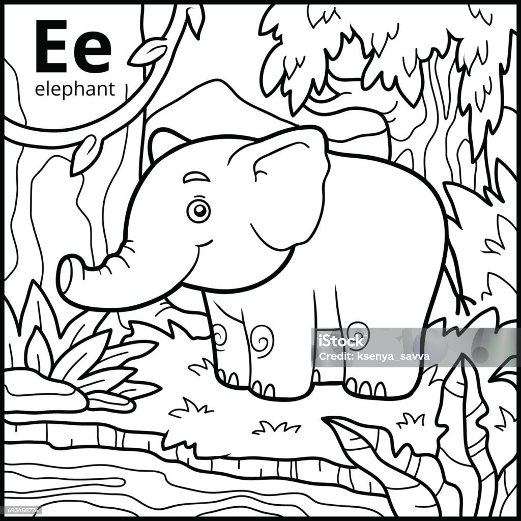 Coloring book, colorless alphabet. Letter E, elephant Coloring book for children, colorless alphabet. Letter E, elephant Alphabet stock vector