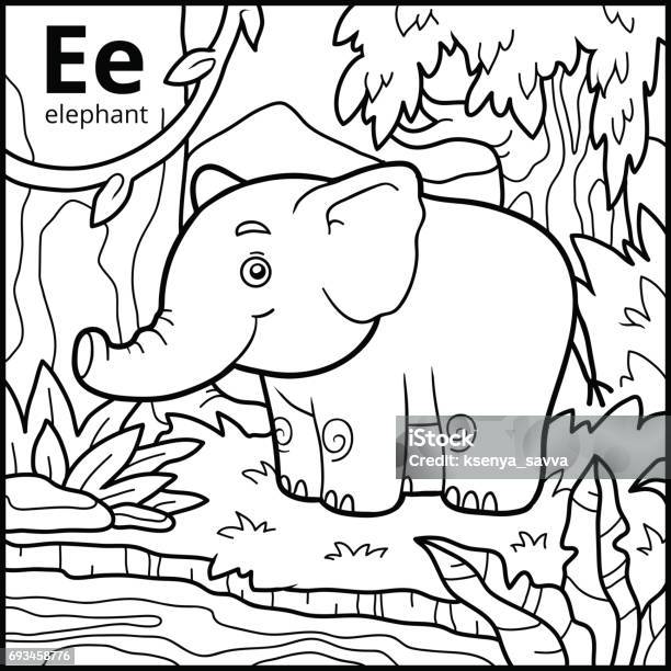 Coloring Book Colorless Alphabet Letter E Elephant Stock Illustration - Download Image Now