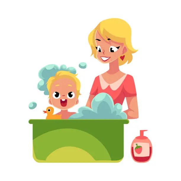 Vector illustration of Young mother washing her baby in bathtub full of foam
