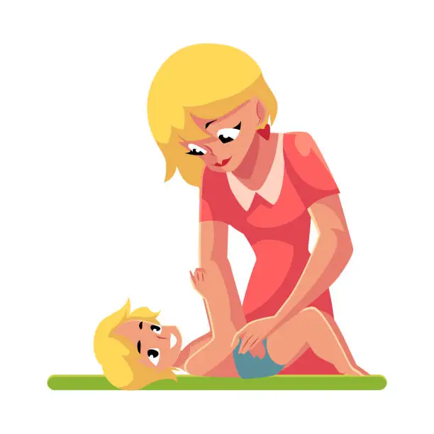 Vector illustration of Young mother changing her baby s diaper, nappy, cartoon vector illustration