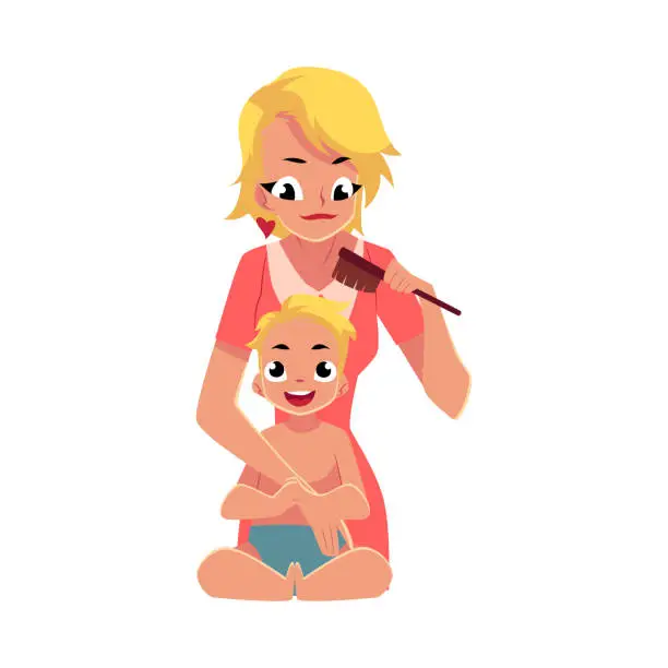 Vector illustration of Young mother combing her baby s hair, half length portrait