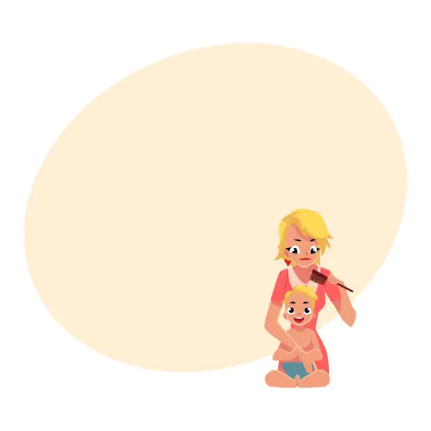 Vector illustration of Young mother combing her baby hair, half length portrait
