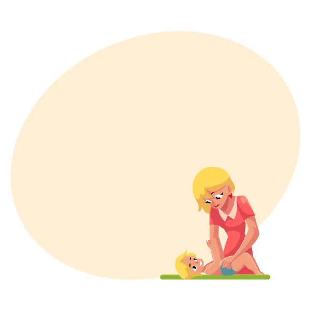 Vector illustration of Young mother changing her babys diaper, nappy, cartoon vector illustration