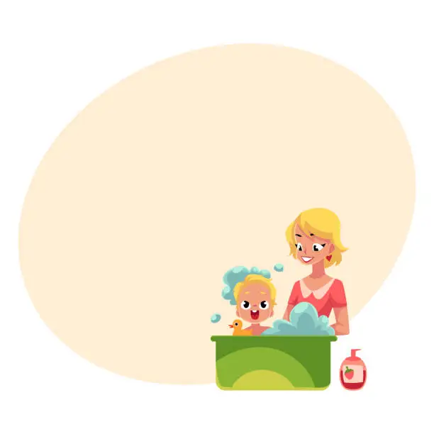 Vector illustration of Young mother washing her baby in bathtub full of foam