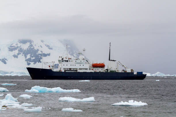 istock Antarctic Research Ship floats in a bay on a cold overcast day 693467420