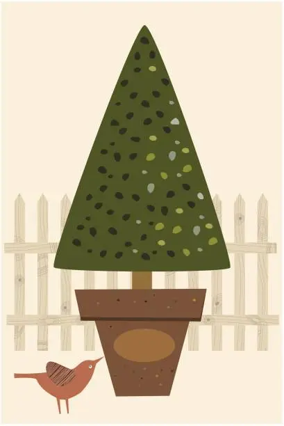 Vector illustration of Decorative Garden Tree in pots and Bird. Potted Plant.