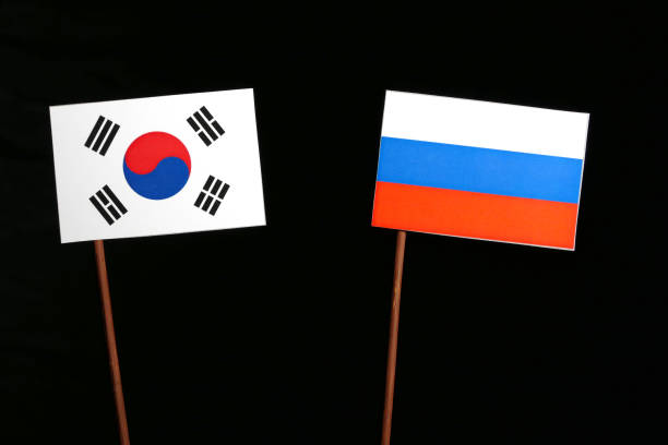 istock South Korean flag with Russian flag isolated on black background 693468268