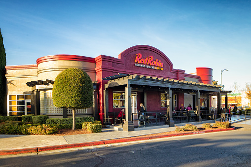 Red Robin Gourmet burgers restaurant with sign, photographed in San Jose, California on boxing day.