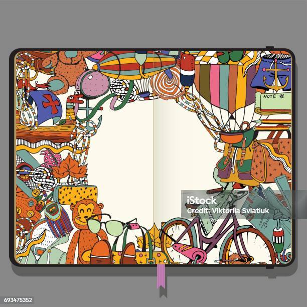 Items For The Summer Holidays Adventure Time Concept Hand Drawn Illustration In Doodle Style Vector Notebook With Shadows And Hand Drawn Doodles Stock Illustration - Download Image Now