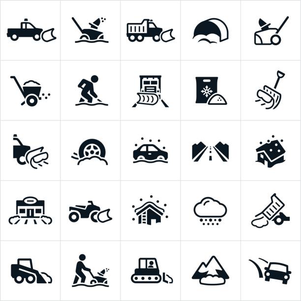 Snow Removal Icons A set of snow removal icons. The icons include trucks with snow plows, plowing snow, snowblowers, snow shovel, person shoveling snow, salt to melt snow, cars in snow, and other equipment and machinery used to remove snow. snow road stock illustrations