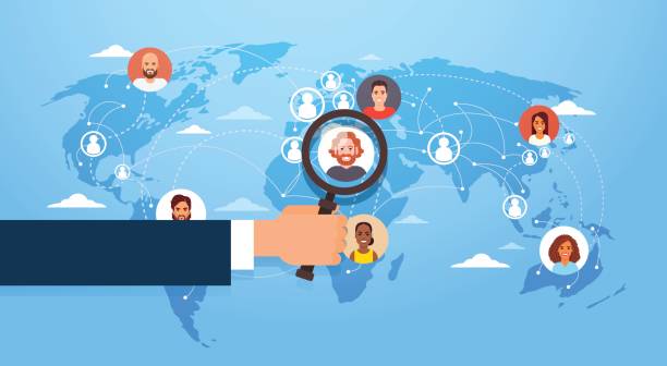 Hand Hold Magnifying Glass Choose Candidate Job Position Business People to Hire Over World Map Hand Hold Magnifying Glass Choose Candidate Job Position Business People to Hire Over World Map Vector Illustration global finance stock illustrations