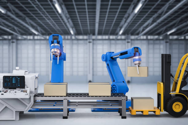 istock robot arms working with cardboard boxes and forklift truck 693492806