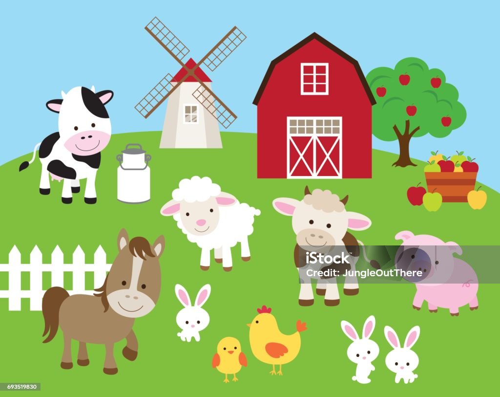 Farm Animal Set Vector illustration of farm animals such as cow, horse, pig, sheep, chicken, bull, rabbit with barn and windmill. Farm stock vector