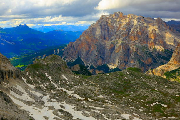 Idyllic Lagazuoi summit panorama, Cinque Torri Dolomites, pinnacles mountain range, dramatic and majestic Italy tirol alps