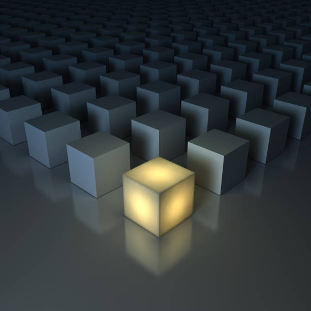 istock Stand out from the crowd , Different creative idea , Leadership concepts , One glowing yellow light cube among dim cubes on dark grey background with reflections and shadows . 3D render 693551028