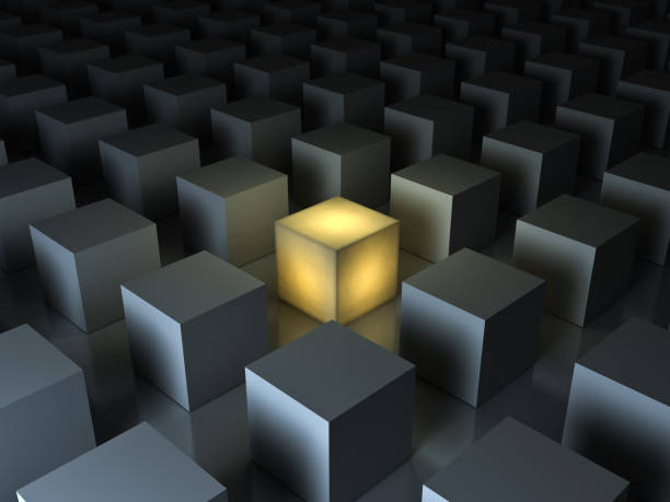 istock Stand out from the crowd and different creative idea concepts , One glowing yellow light cube among other dim cubes on dark gray background with reflections and shadows . 3D render 693551036