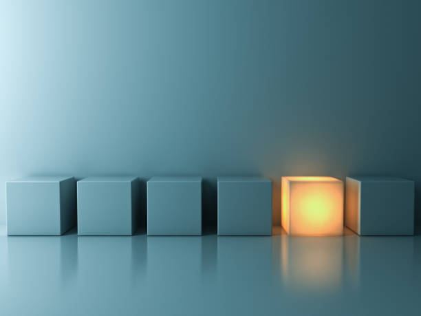 istock Stand out from the crowd and different creative idea concepts , One glowing cube standing among green cubes on green background in the row with reflections and shadows 693551038