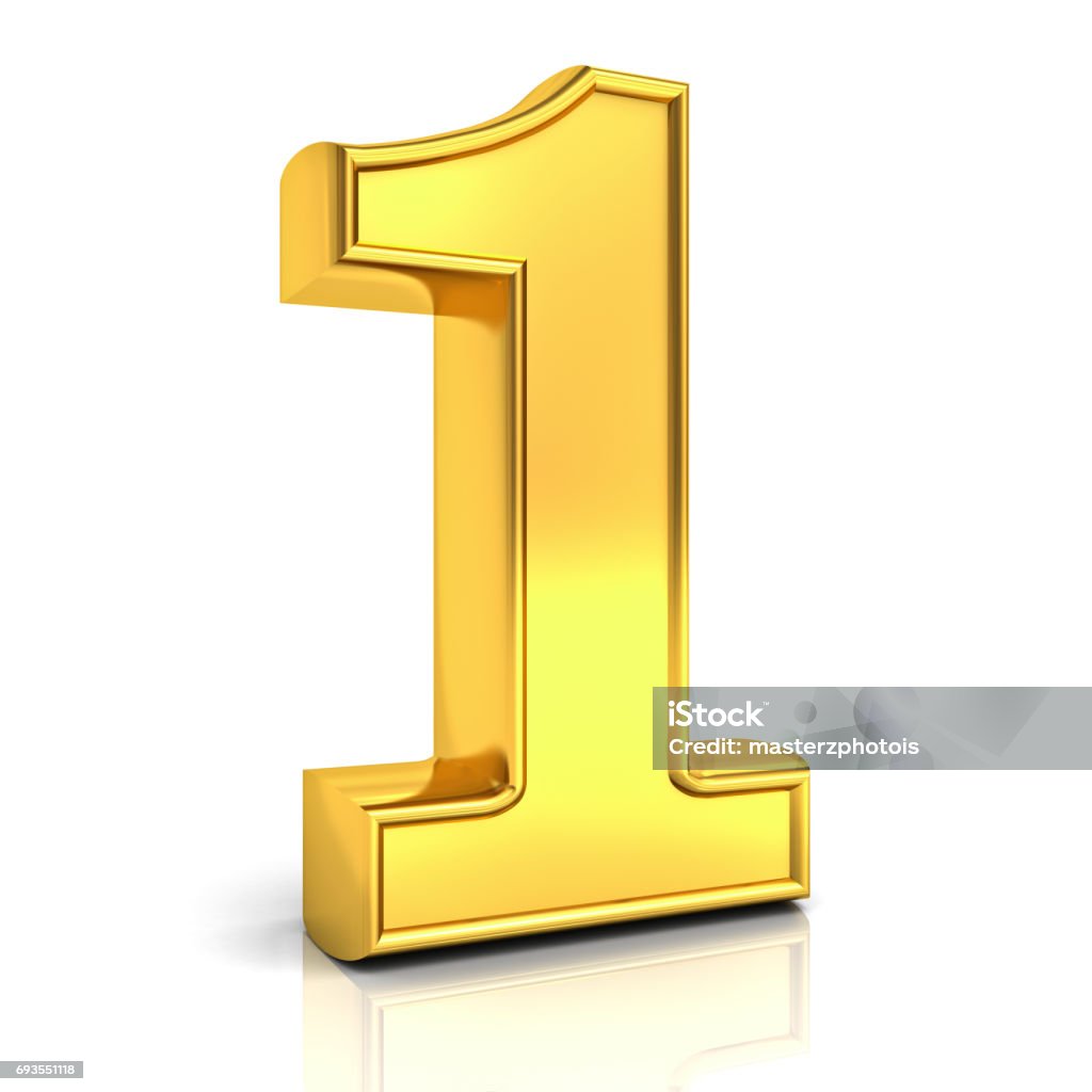 3d Gold Number One 1 Isolated Over White Background With Reflection And