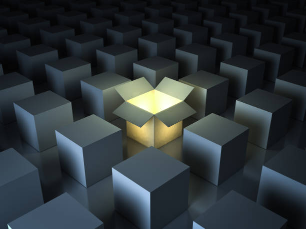 istock Stand out from the crowd , different creative idea concepts , One luminous opened light box glowing among closed white square boxes on dark background with reflections and shadows. 3D render 693551128