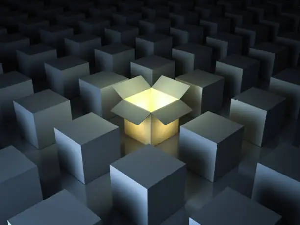 Photo of Stand out from the crowd , different creative idea concepts , One luminous opened light box glowing among closed white square boxes on dark background with reflections and shadows. 3D render